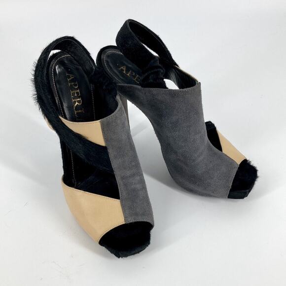 Aperlai Paris Womens Black Gray Tan Leather Pony Peep Toe Heels Size 38 1/2 - Picture 3 of 16